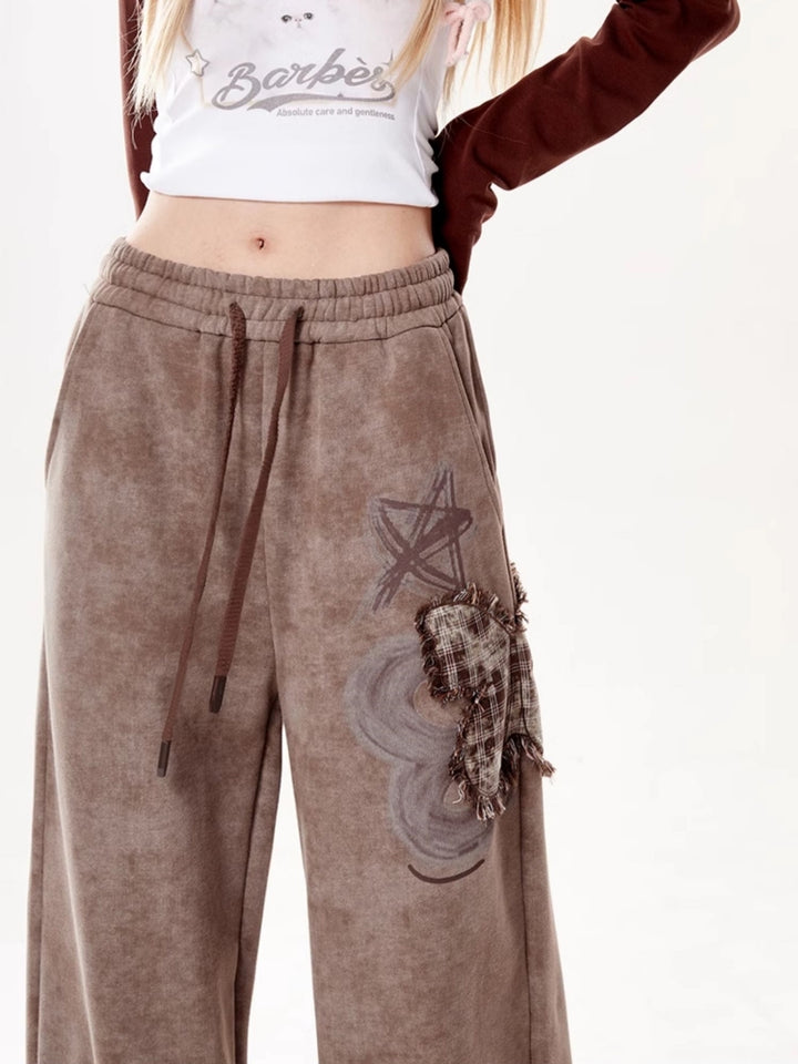 Kawaii Butterfly Patch Brown Wide-Leg Lounge Pants