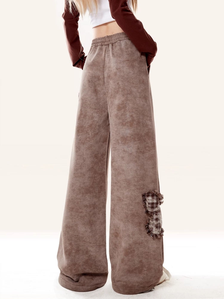 Kawaii Butterfly Patch Brown Wide-Leg Lounge Pants