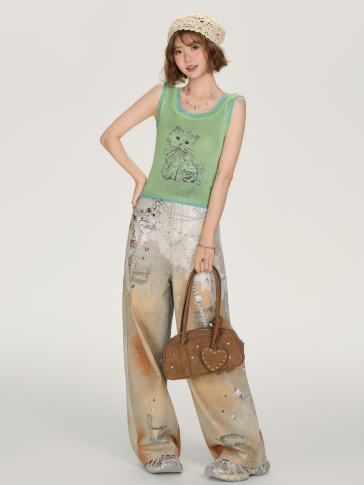 Kawaii Cat Print Knit Vest