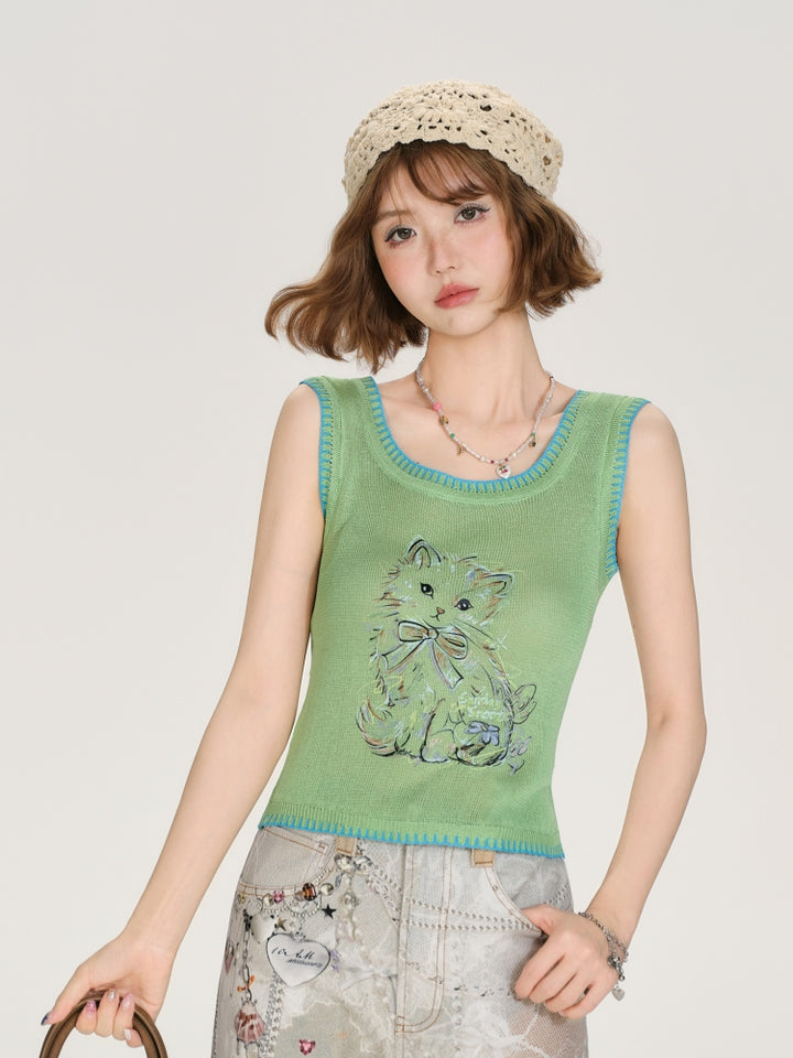 Kawaii Cat Print Knit Vest