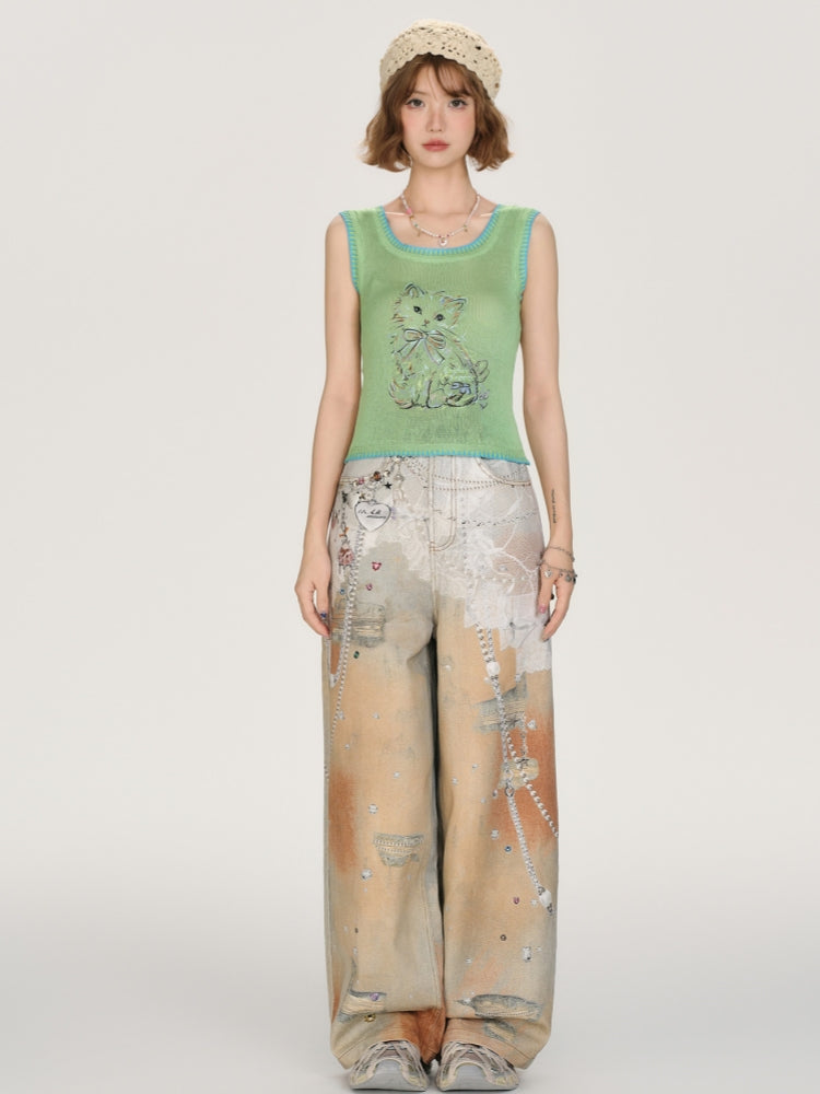 Kawaii Cat Print Knit Vest