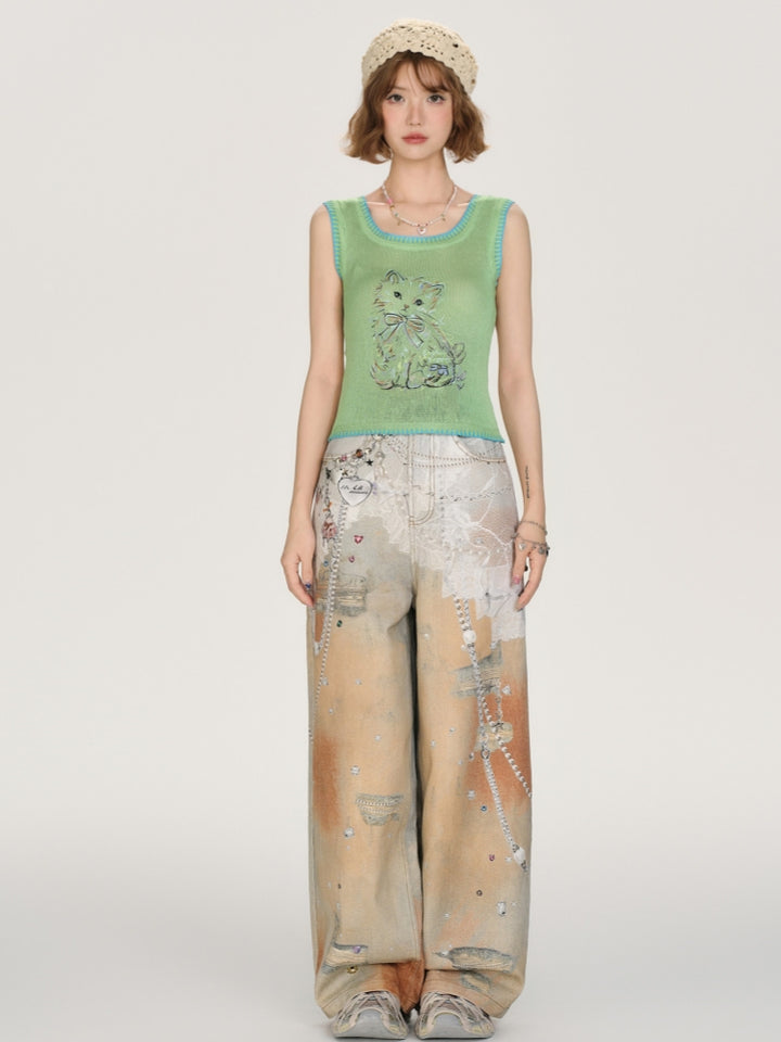 Kawaii Cat Print Knit Vest