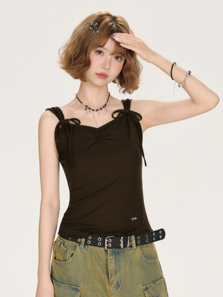 Kawaii Coffee-Colored Bow Tie Top