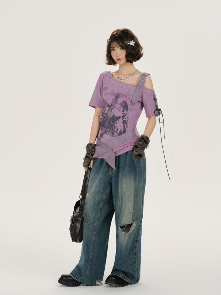 Kawaii Floral Butterfly Asymmetrical Top