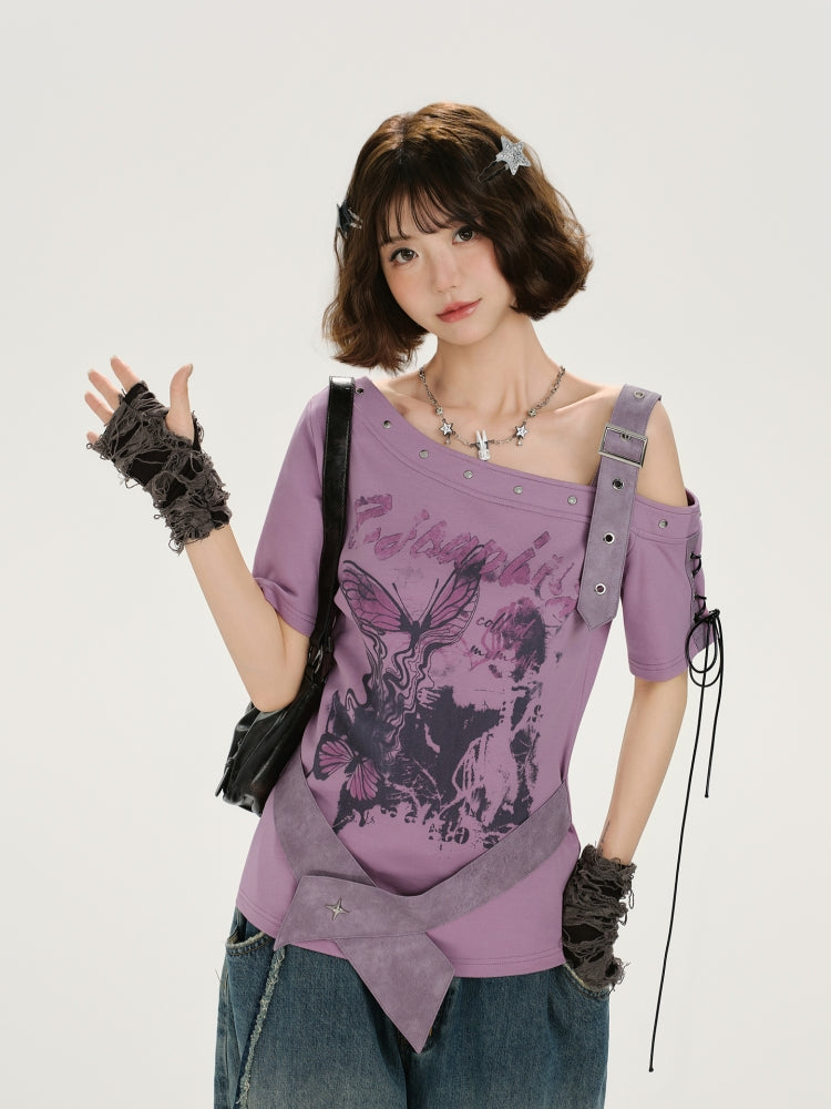 Kawaii Floral Butterfly Asymmetrical Top