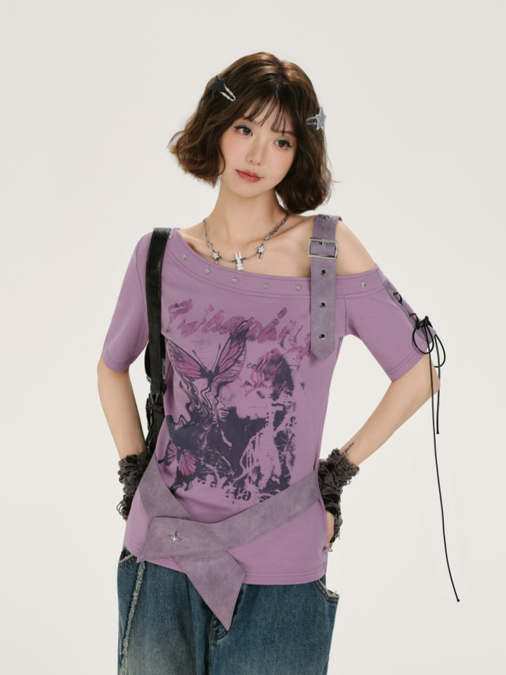 Kawaii Floral Butterfly Asymmetrical Top