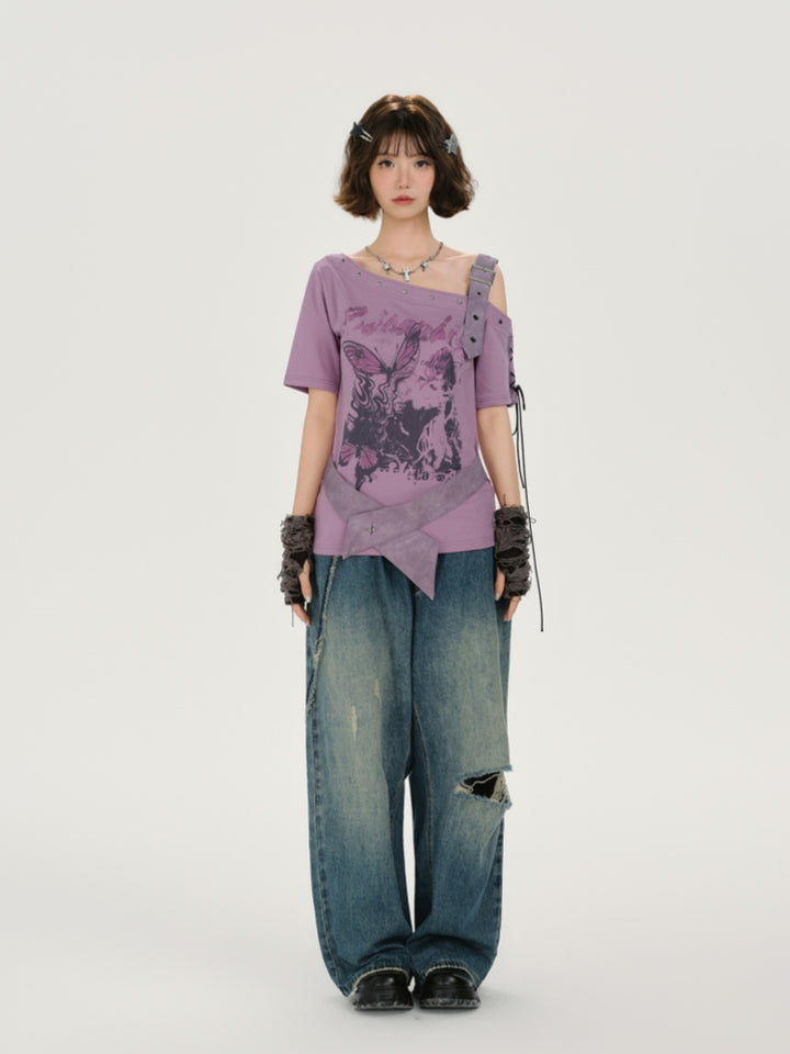 Kawaii Floral Butterfly Asymmetrical Top