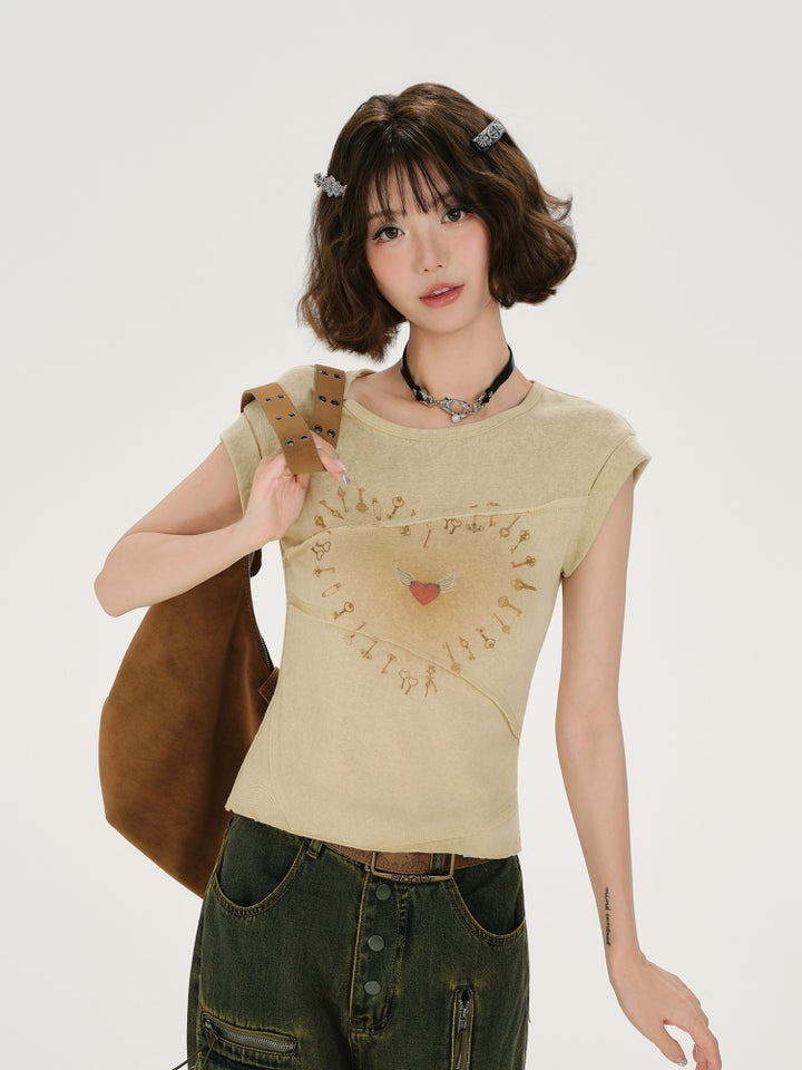 Kawaii Heart Print Patchwork Tee
