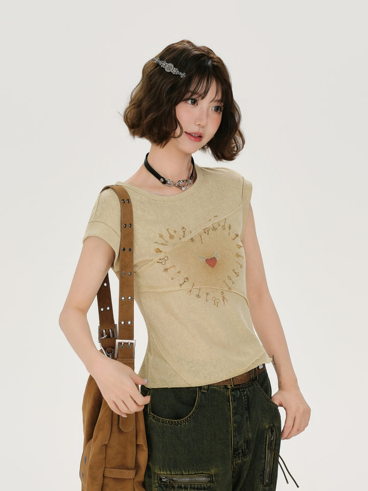 Kawaii Heart Print Patchwork Tee