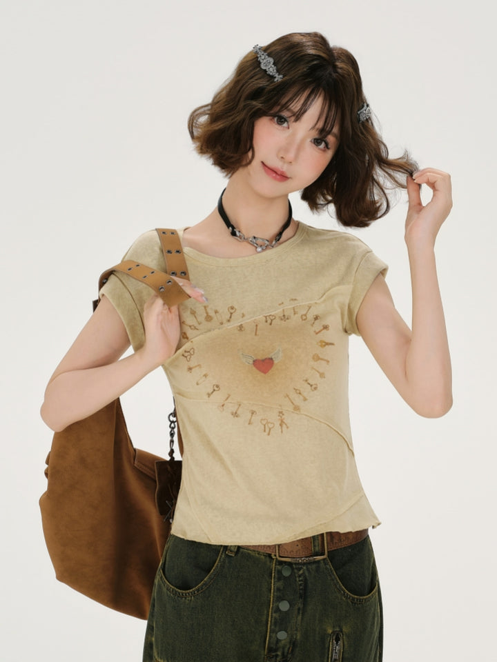 Kawaii Heart Print Patchwork Tee