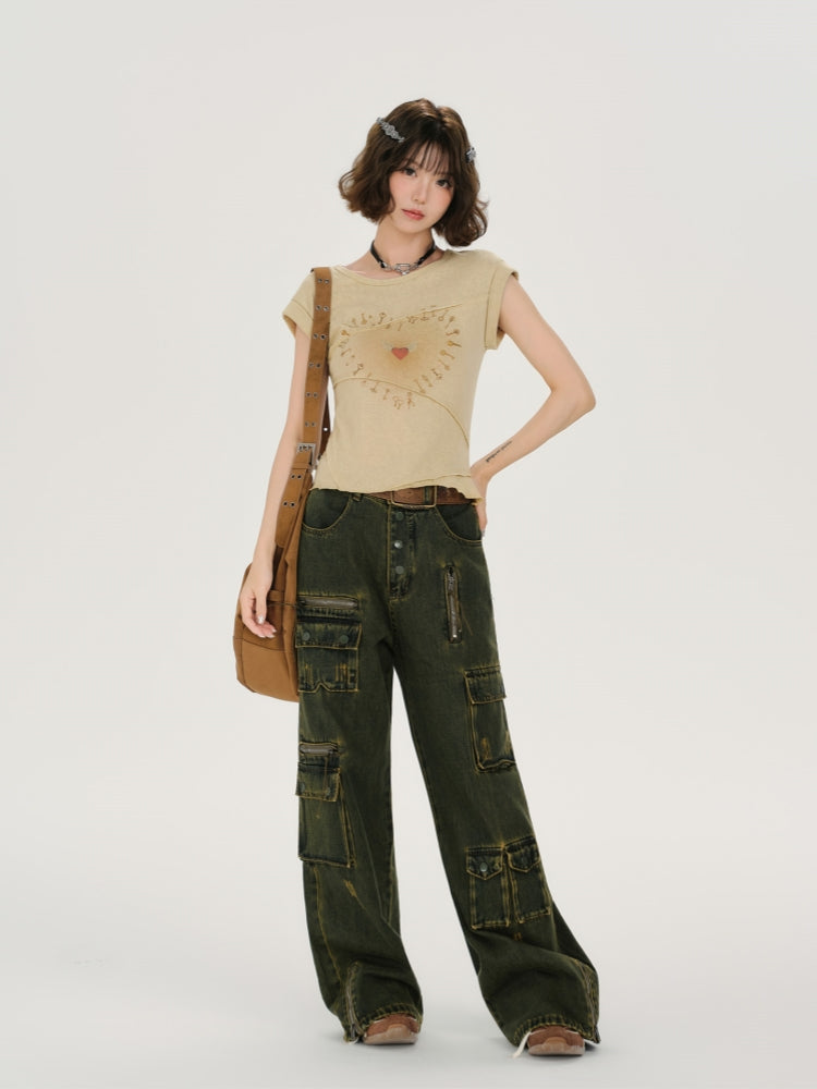 Kawaii Heart Print Patchwork Tee