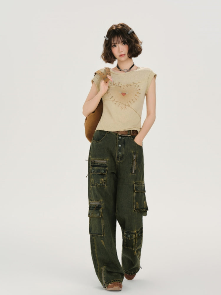 Kawaii Heart Print Patchwork Tee