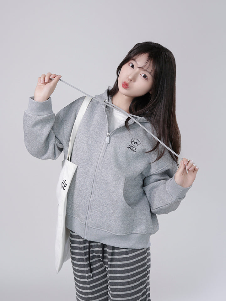 Kawaii Puppy Embroidered Zip Hoodie