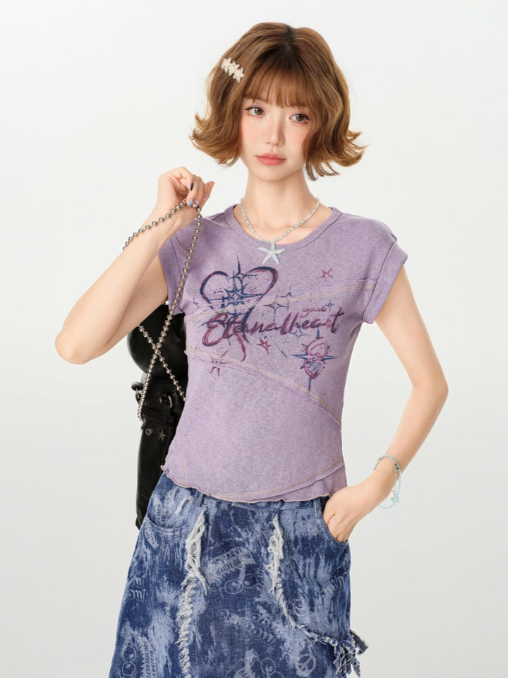 Kawaii Purple Print Patchwork T-Shirt