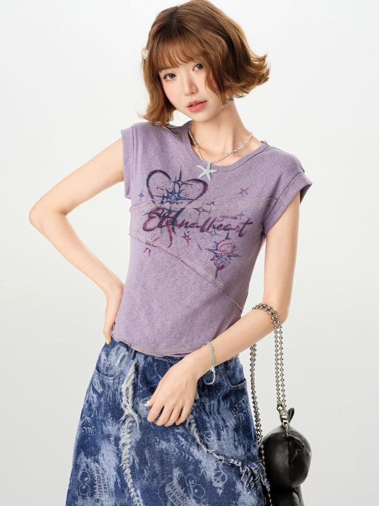 Kawaii Purple Print Patchwork T-Shirt