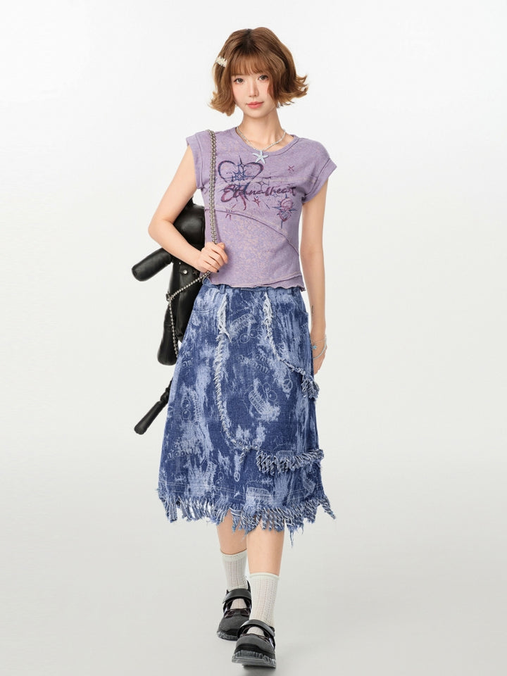 Kawaii Purple Print Patchwork T-Shirt