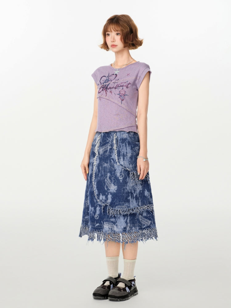 Kawaii Purple Print Patchwork T-Shirt