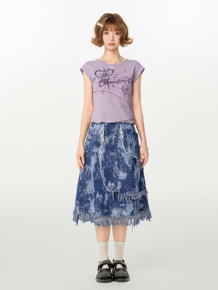 Kawaii Purple Print Patchwork T-Shirt