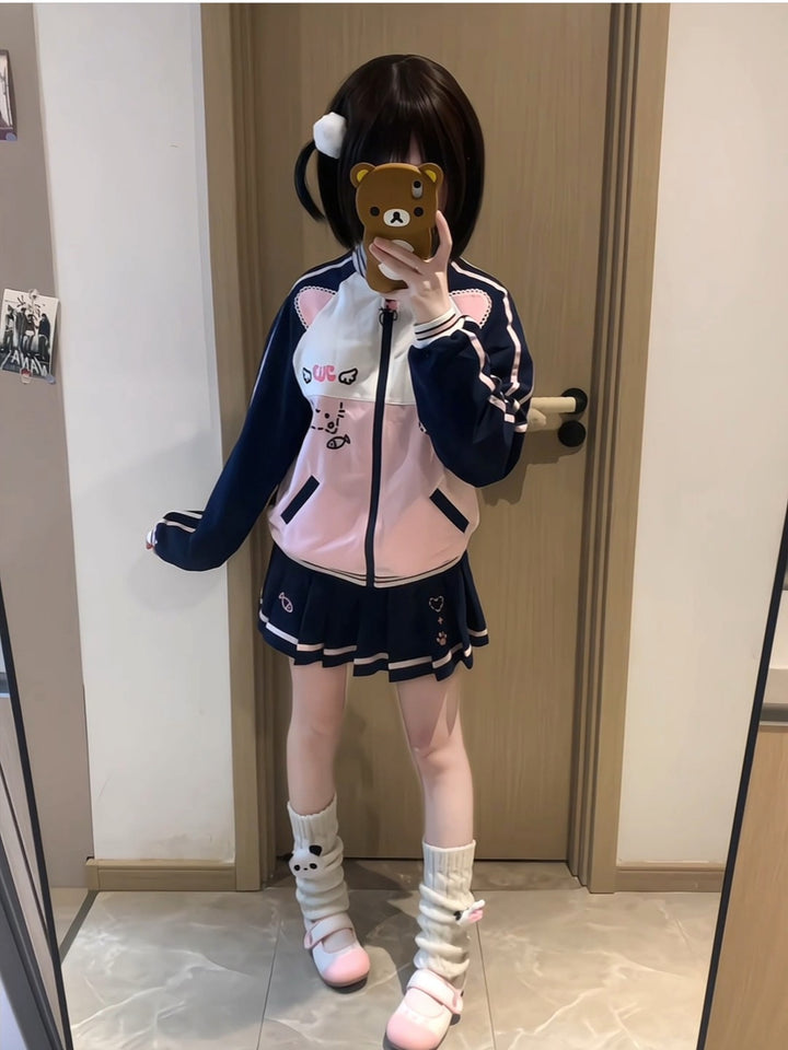 Cute Pink and Navy Japanese School Girl Set– Jacket and Pleated Skirt