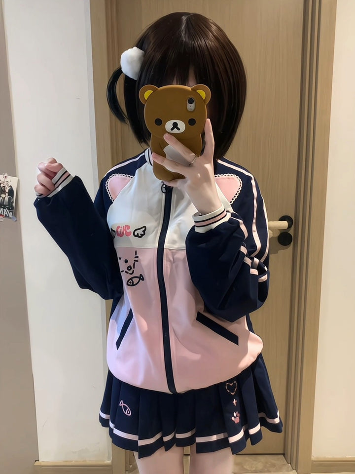 Cute Pink and Navy Japanese School Girl Set– Jacket and Pleated Skirt