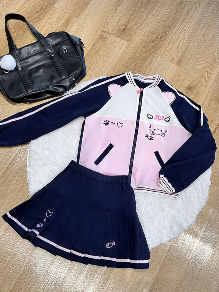Cute Pink and Navy Japanese School Girl Set– Jacket and Pleated Skirt