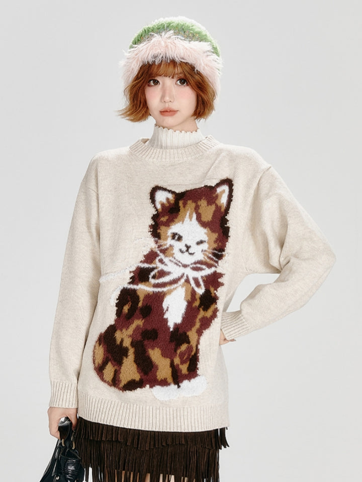  Kitten Pattern Jacquard Knit Sweater