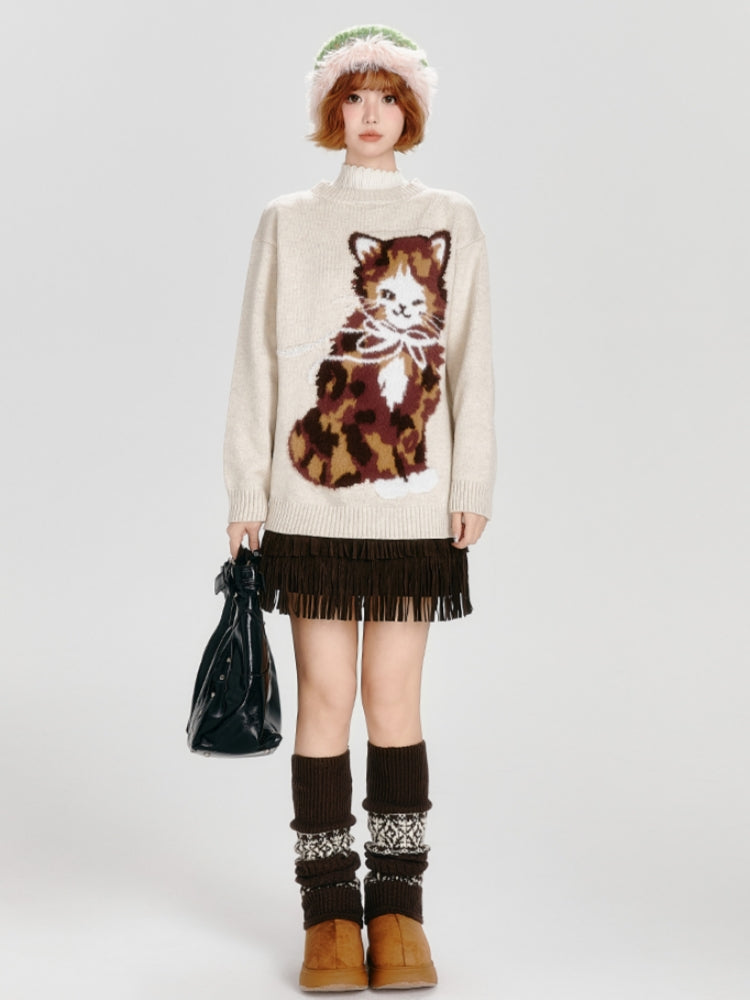 Kitten Pattern Jacquard Knit Sweater