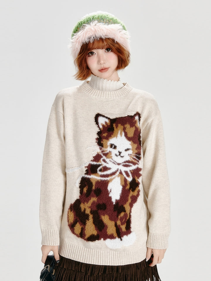  Kitten Pattern Jacquard Knit Sweater