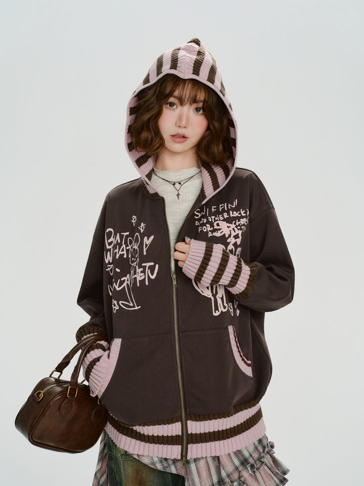 Knit Patchwork Hooded Sweatshirt Jacket
