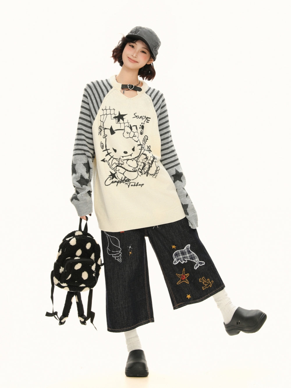 Little Devil Kitty Knit Top - Punk Kawaii Striped Sweater
