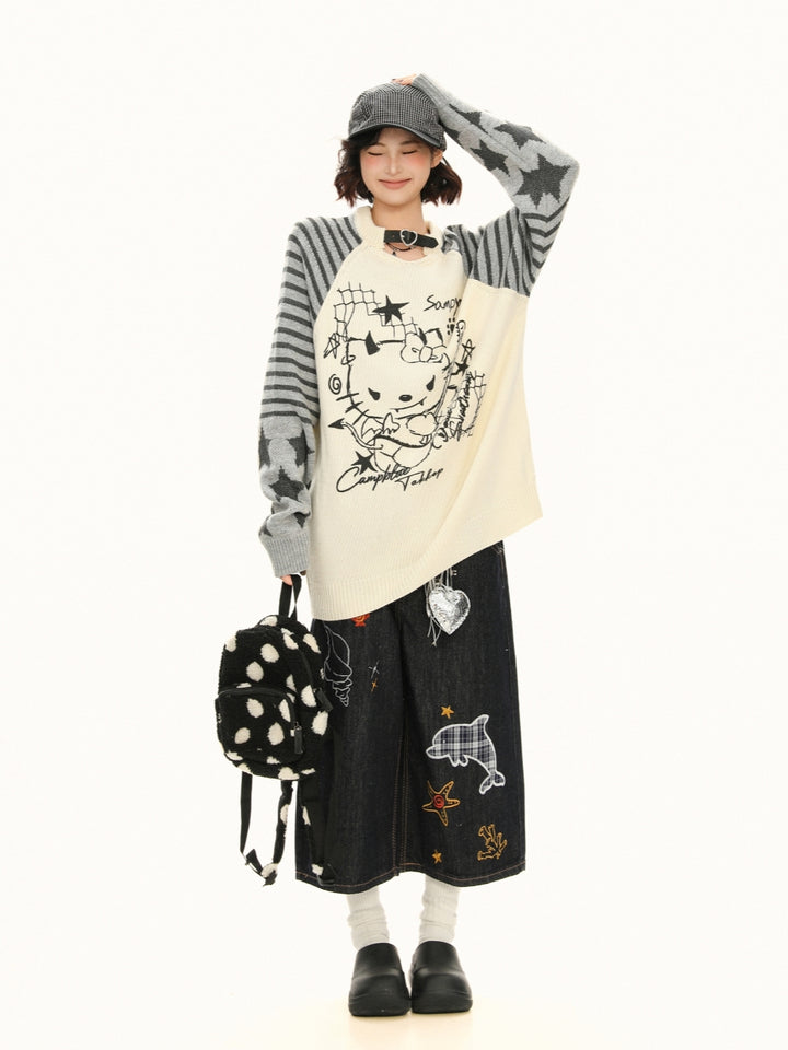 Little Devil Kitty Knit Top - Punk Kawaii Striped Sweater