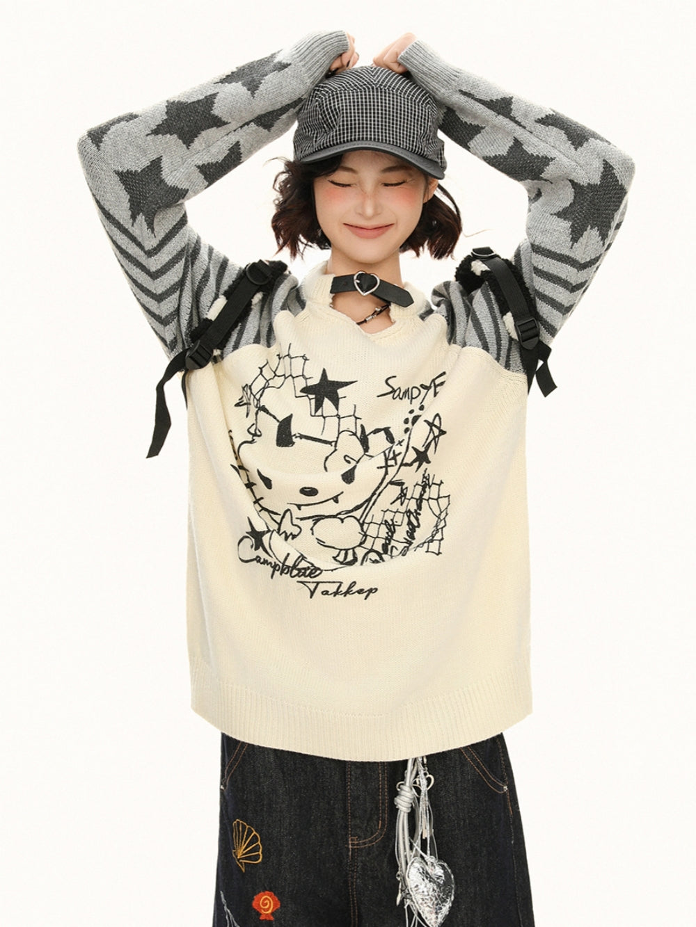 Little Devil Kitty Knit Top - Punk Kawaii Striped Sweater