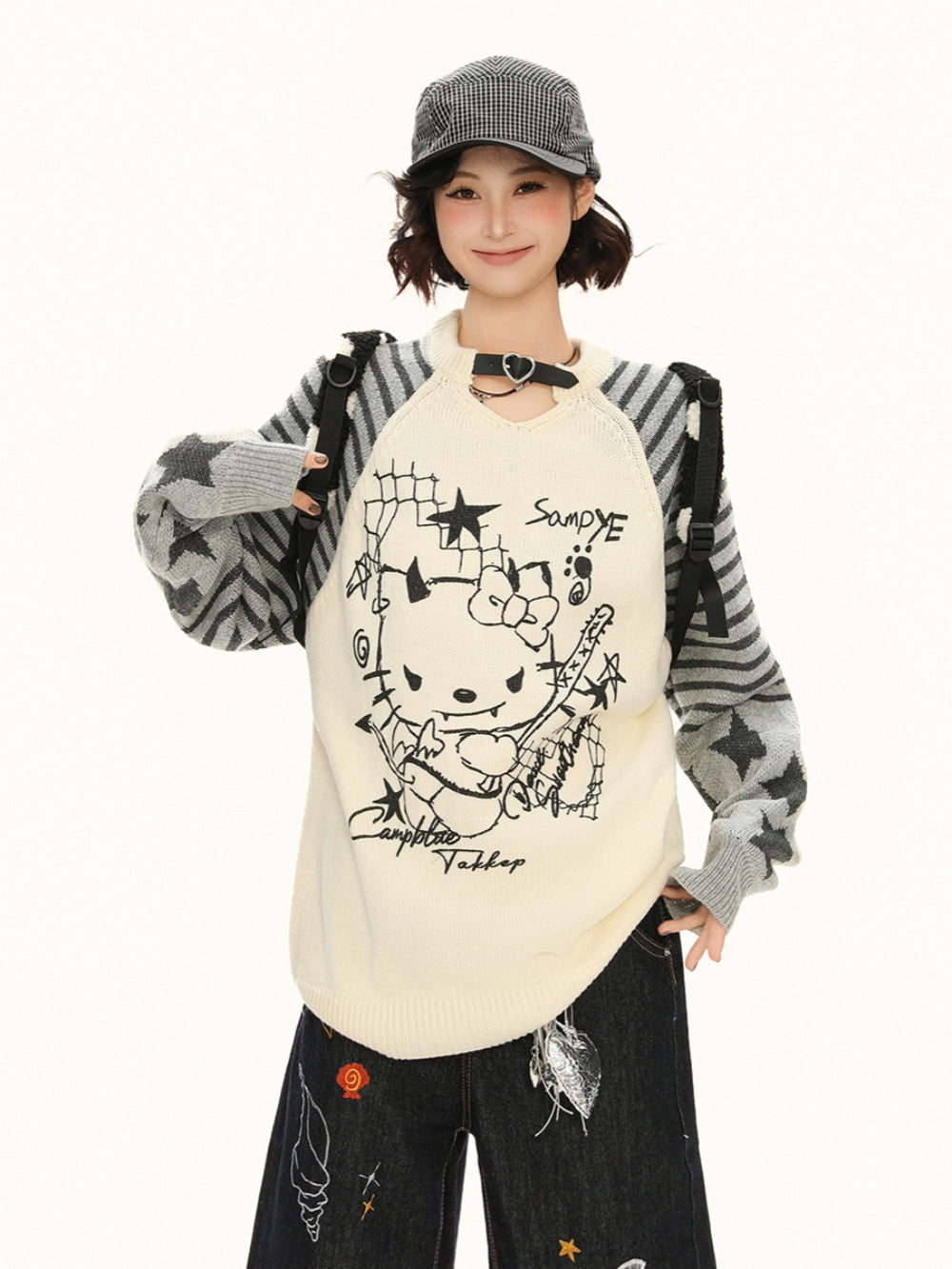 Little Devil Kitty Knit Top - Punk Kawaii Striped Sweater