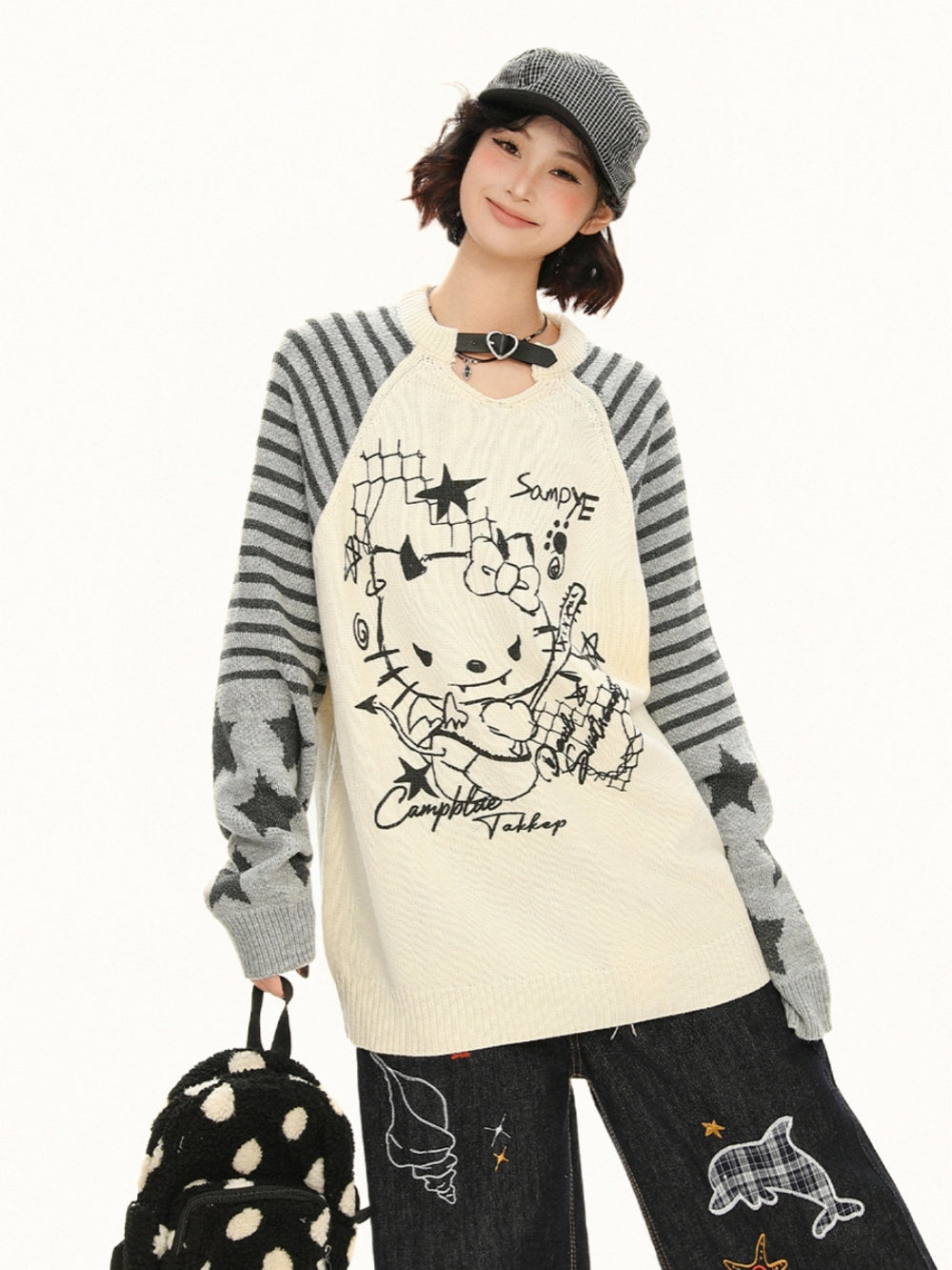 Little Devil Kitty Knit Top - Punk Kawaii Striped Sweater