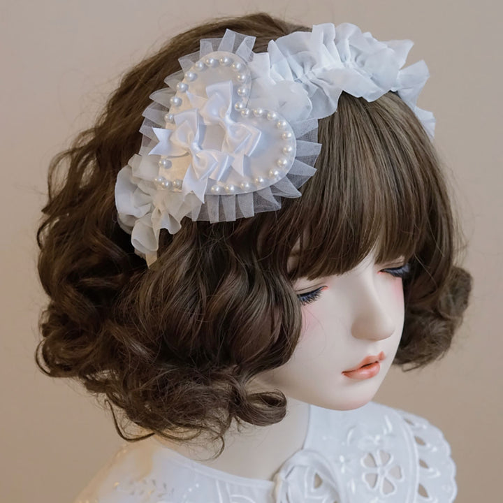 Lolita white bow lace heart headband