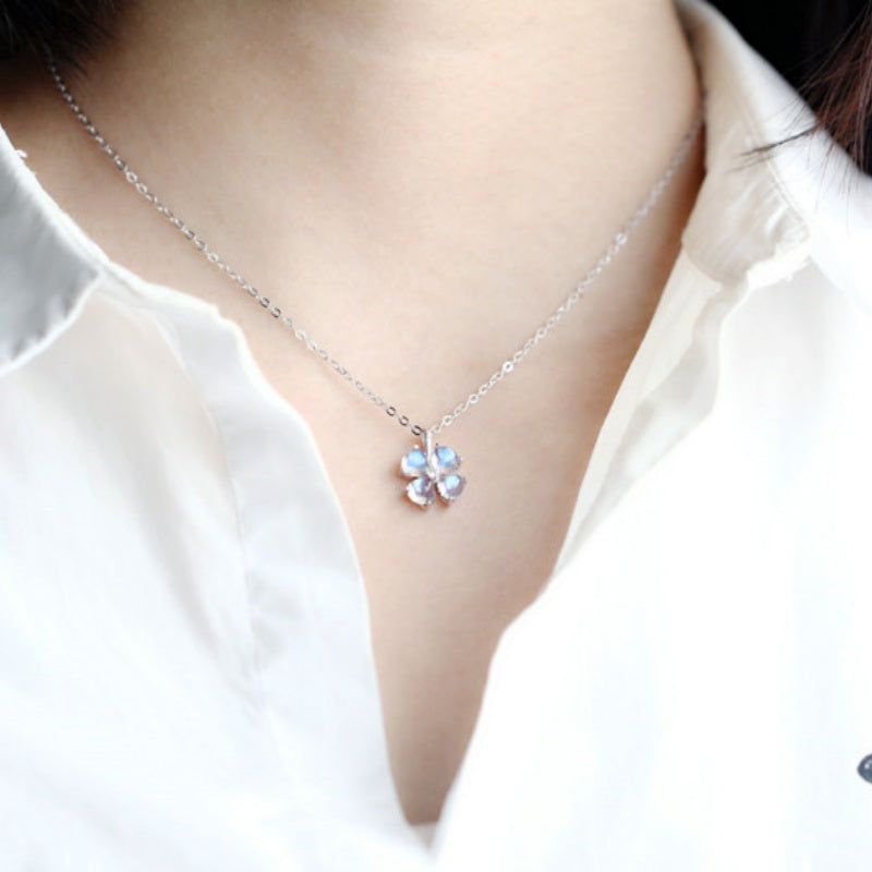 Lucky Four Leaf Clover Moonstone Pendant - 925 Sterling Silver Women's Necklace with Natural Gem