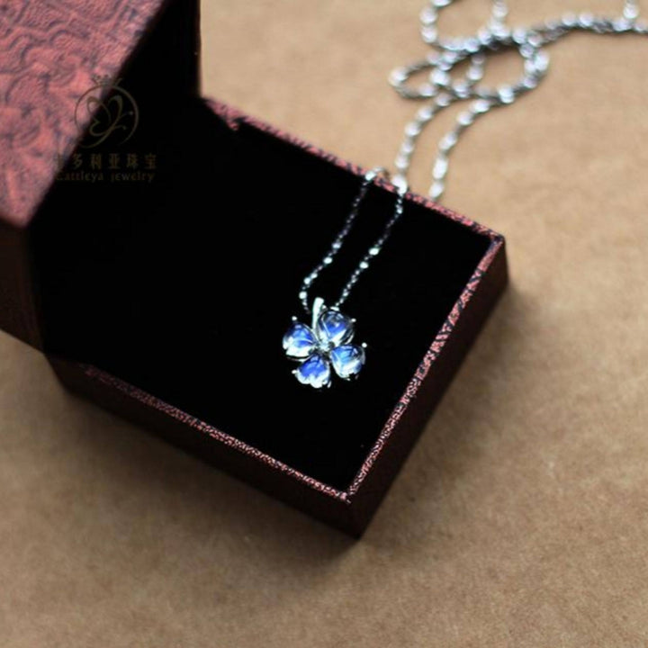 Lucky Four Leaf Clover Moonstone Pendant - 925 Sterling Silver Women's Necklace with Natural Gem