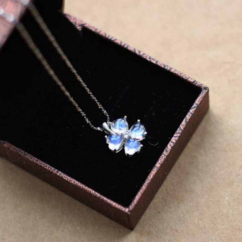 Lucky Four Leaf Clover Moonstone Pendant - 925 Sterling Silver Women's Necklace with Natural Gem