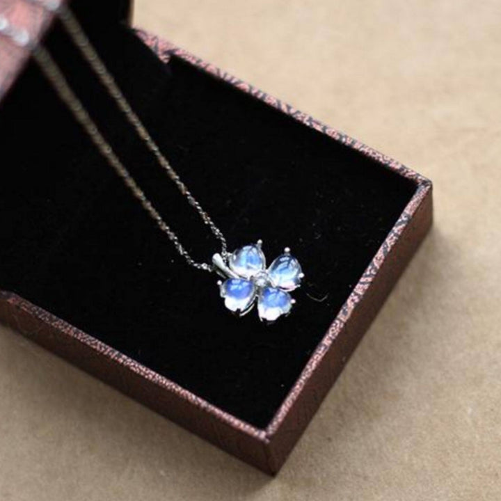 Lucky Four Leaf Clover Moonstone Pendant - 925 Sterling Silver Women's Necklace with Natural Gem