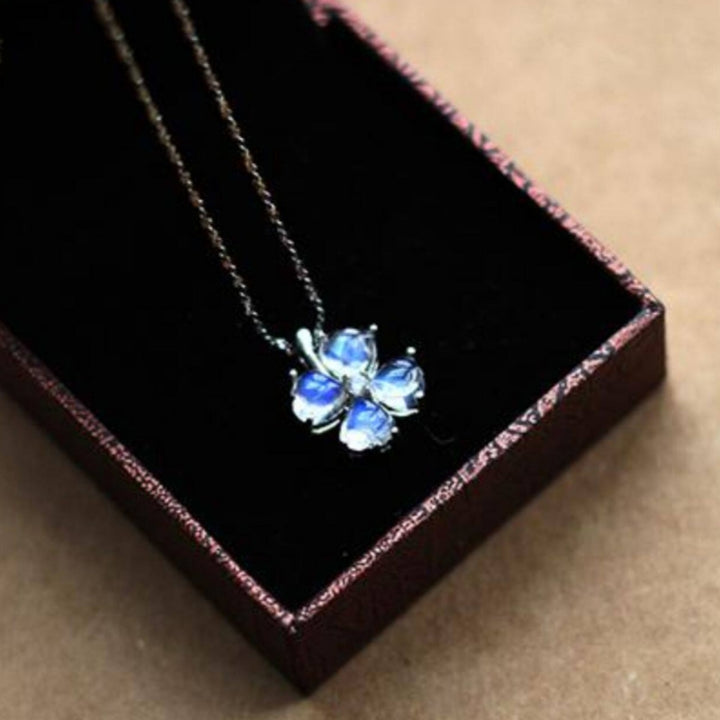 Lucky Four Leaf Clover Moonstone Pendant - 925 Sterling Silver Women's Necklace with Natural Gem