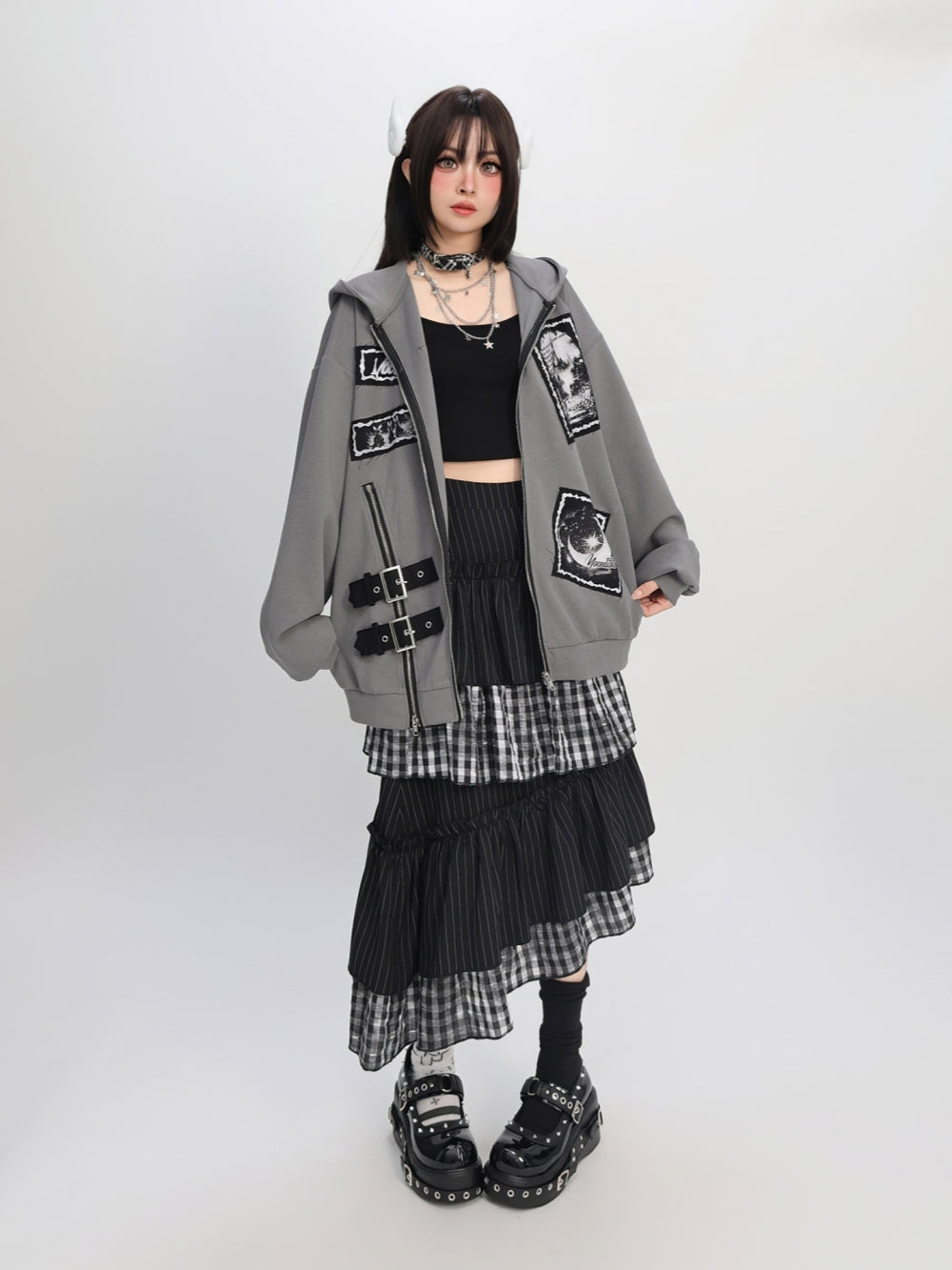 Lunar Tale Patchwork Hoodie - Artistic Street Style Essential