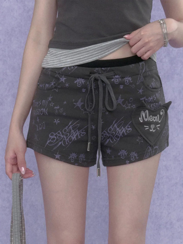 Doodle Print Cat Pocket Shorts