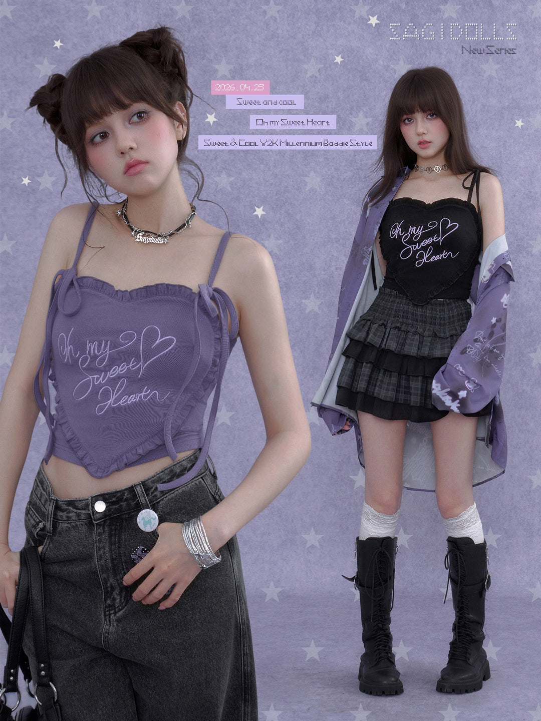 Model wearing a purple Cyber Y2K heart graphic camisole with ruffle trim and ribbon shoulder ties.