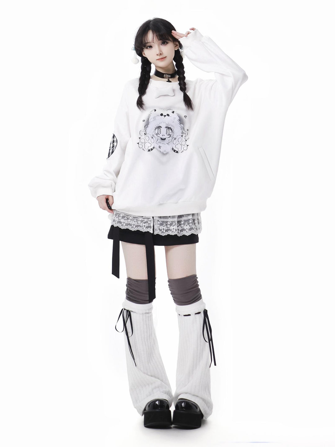 Cartoon Pure White Cotton Sweatshirt