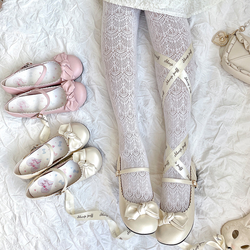 Beige Lolita Round-Toe Bow Shoes