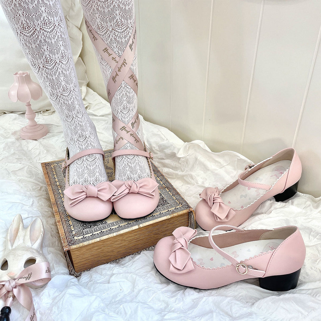 Cherry Blossom Pink Lolita Round-Toe Bow Shoes