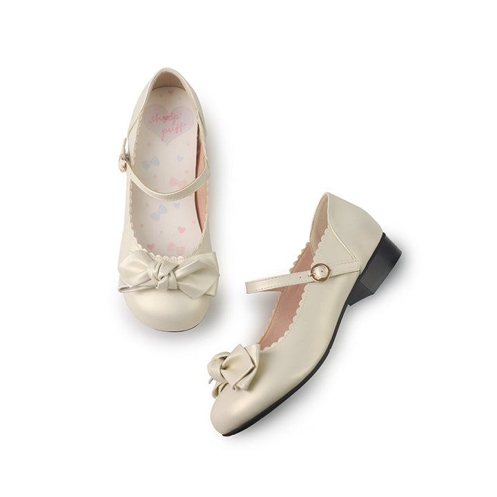 Beige Lolita Round-Toe Bow Shoes