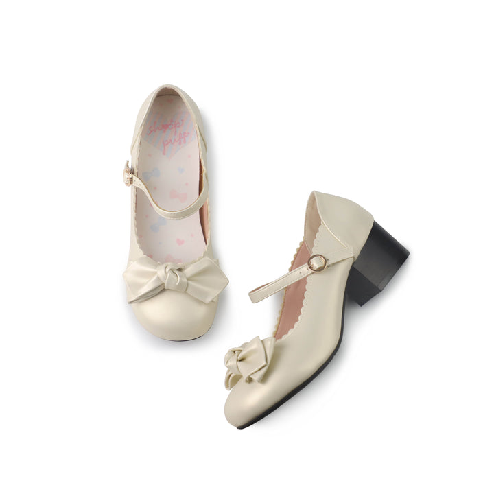 Beige Lolita Round-Toe Bow Shoes