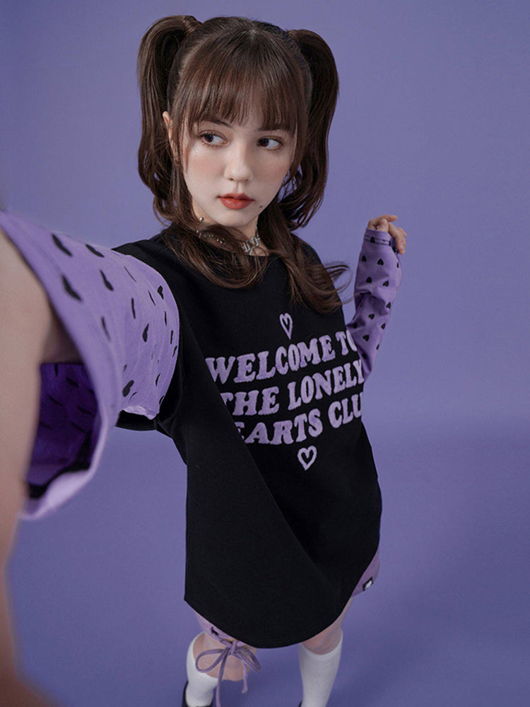 Black and Purple Mock Two-piece Loose Long-sleeve Sweatshirt