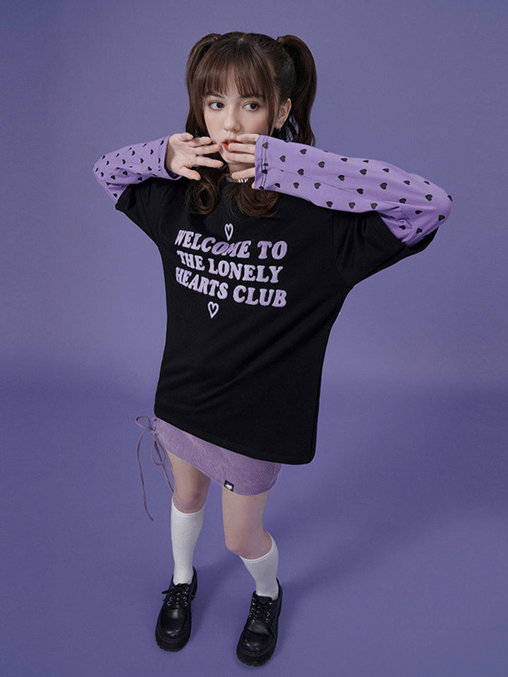 Black and Purple Mock Two-piece Loose Long-sleeve Sweatshirt